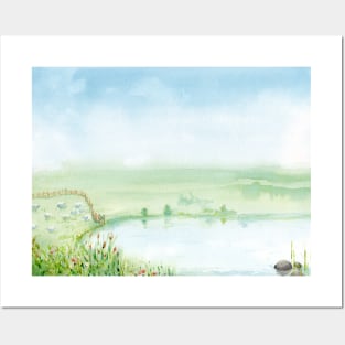 country lake with fields and sheeps Posters and Art